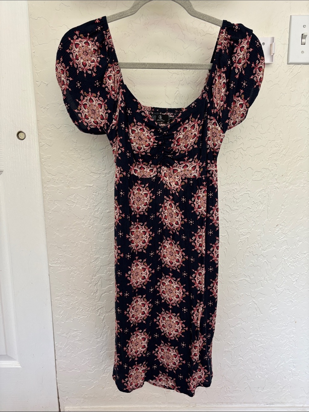 Volcom Black Midi Dress with Pink Floral Medallion Print